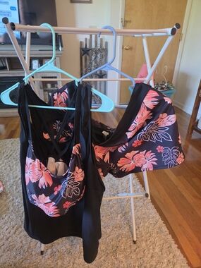 Floral Black & Coral Bikini Top and Tankini Set